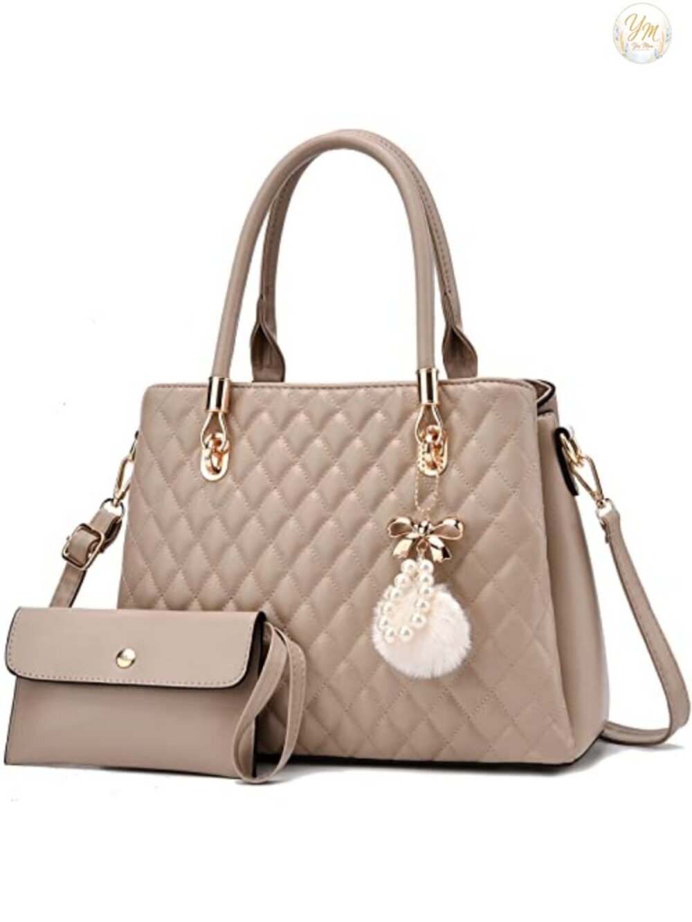 PU Leather Satchel Handbag Medium Top Handle Shoulder Bag with Pompon & Mini
